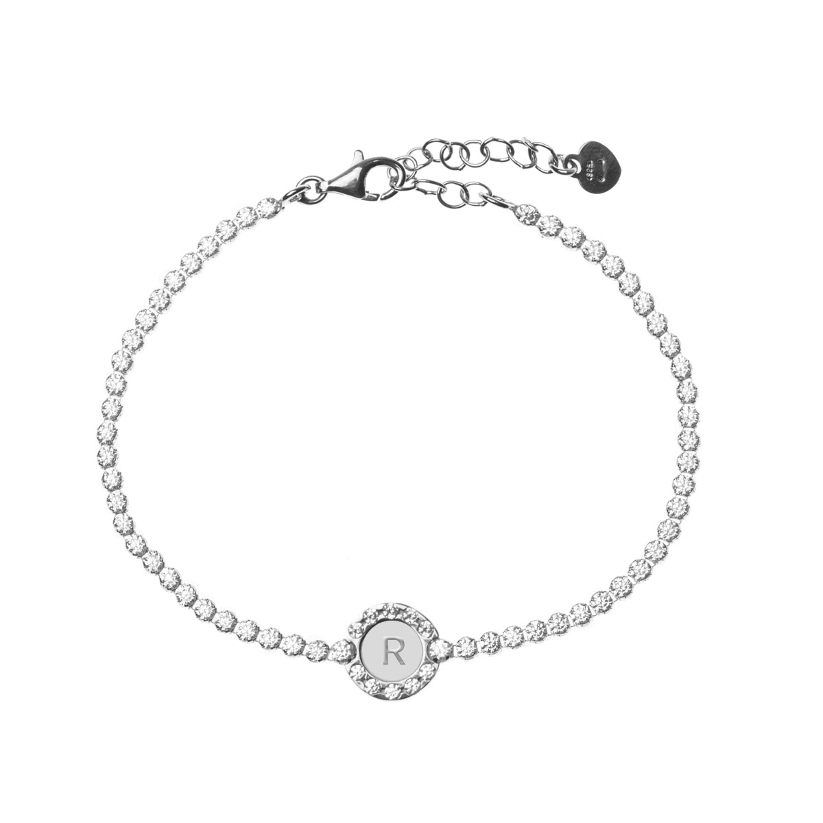 Alternative view of Bracciale tennis cerchio bianco con lettera su smalto bianco