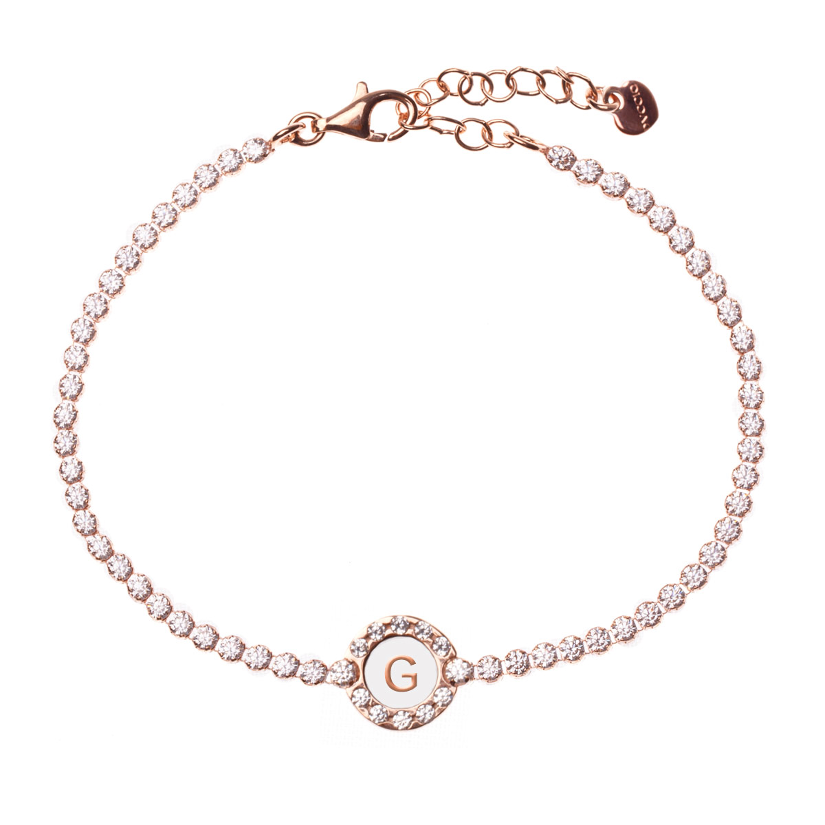 Alternative view of Bracciale tennis cerchio rosè con lettera su smalto bianco