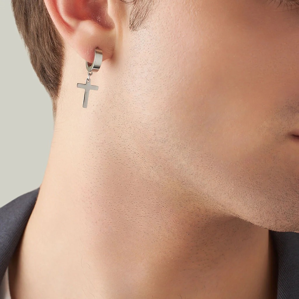 Alternative view of Orecchini a Cerchio Stroili in Acciaio con Croce Pendente Man Code